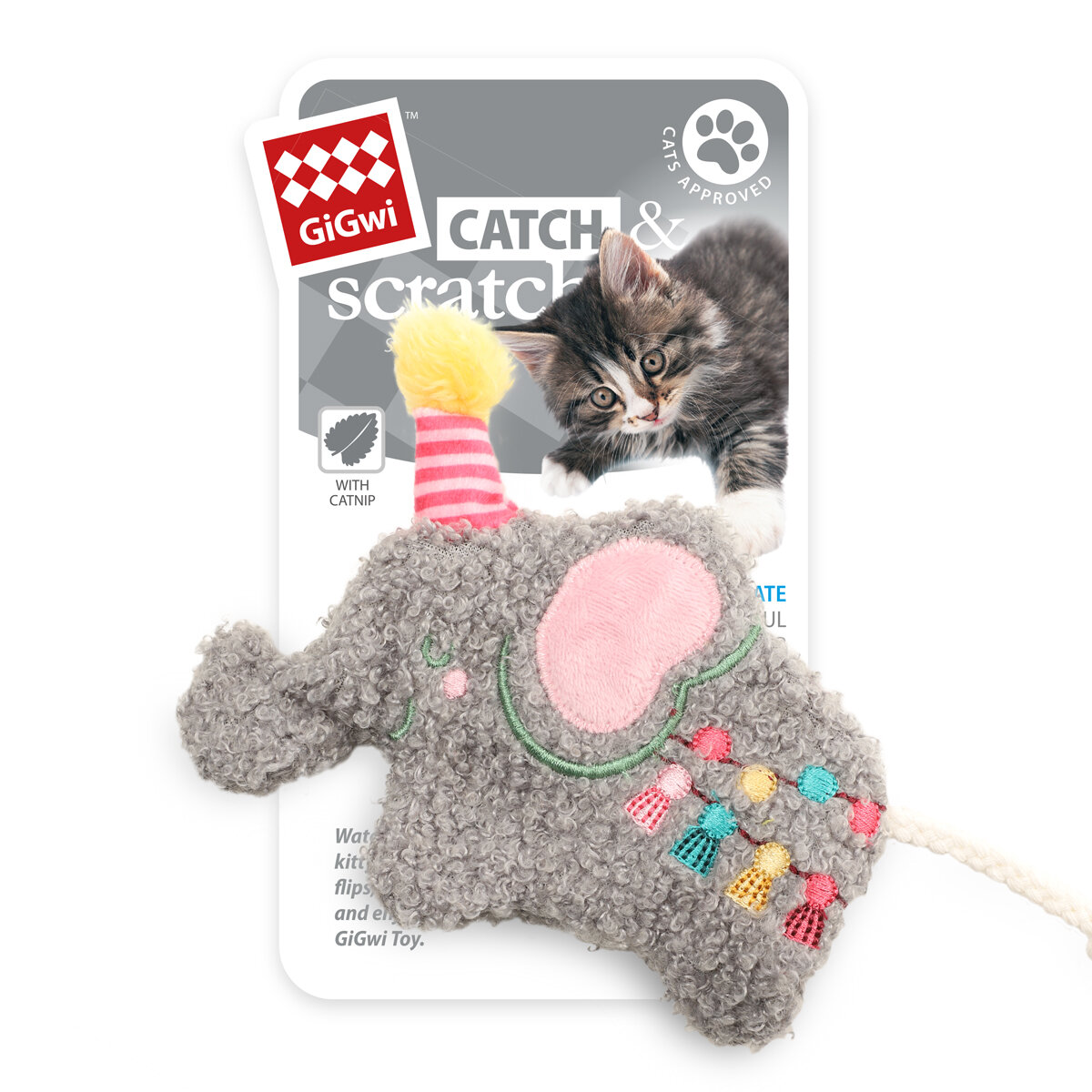 GiGwi CATCH & SCRATCH Игрушка мягкая для кошек  Слоник с кошачьей мятой, 140 мм
