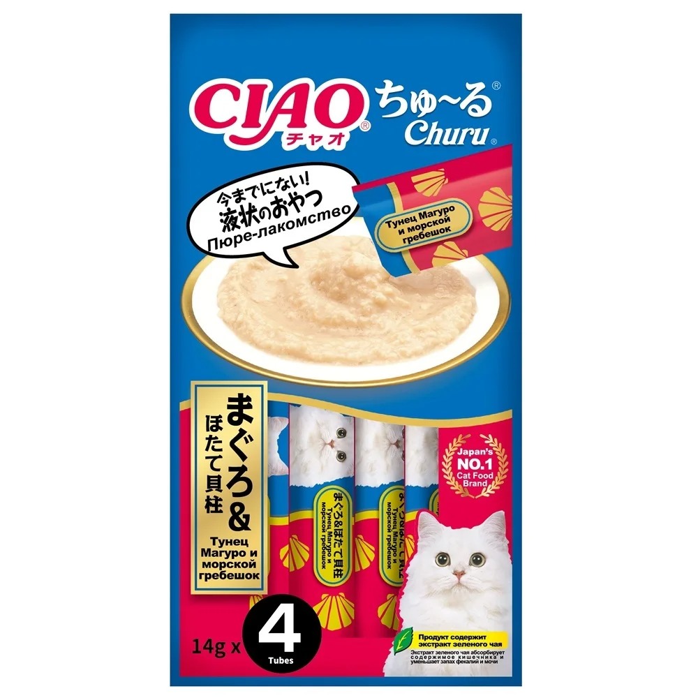 INABA CIAO Churu Крем-Лакомство пюре для кошек Тунец Магуро и морской гребешок, 14 г х 4 шт. 4901133947230