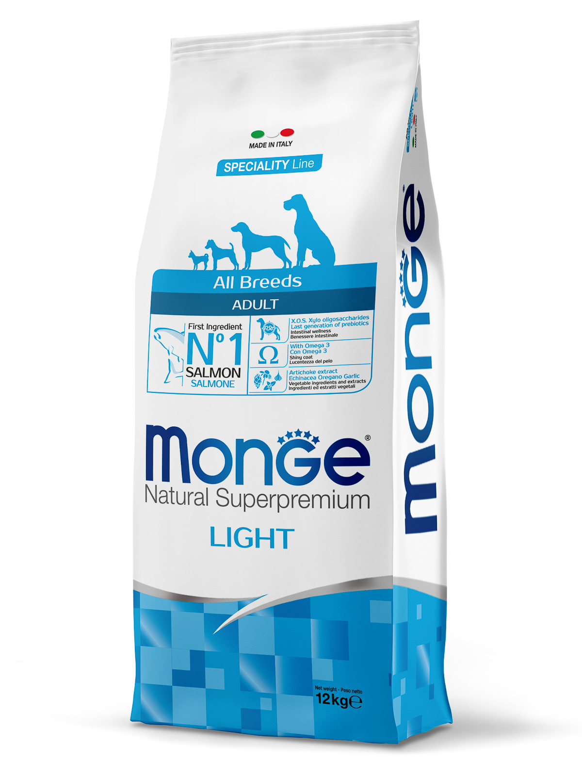 Сухой корм Monge Dog Speciality Line Light для взрослых собак всех пород, низкокалорийный, лосось с рисом 12 кг
