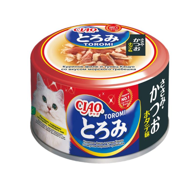 INABA CIAO Toromi Влажный корм для кошек, куриное филе и тунец Кацуо со вкусом морского гребешка в бульоне,  80 г