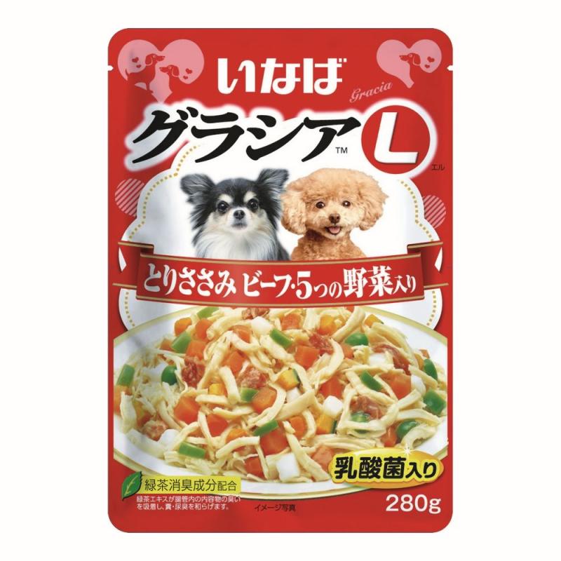 Inaba Влажный корм INABA Gracia L для собак Куриное филе с говядиной и 5 видами овощей в желе, пауч, 280 г