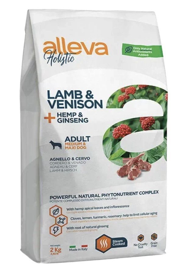 Alleva Корм для взрослых собак Аллева Холистик с ягненком и олениной, коноплей и женьшенем. Медиум Макси 2 кг P00235RU 8002754002356