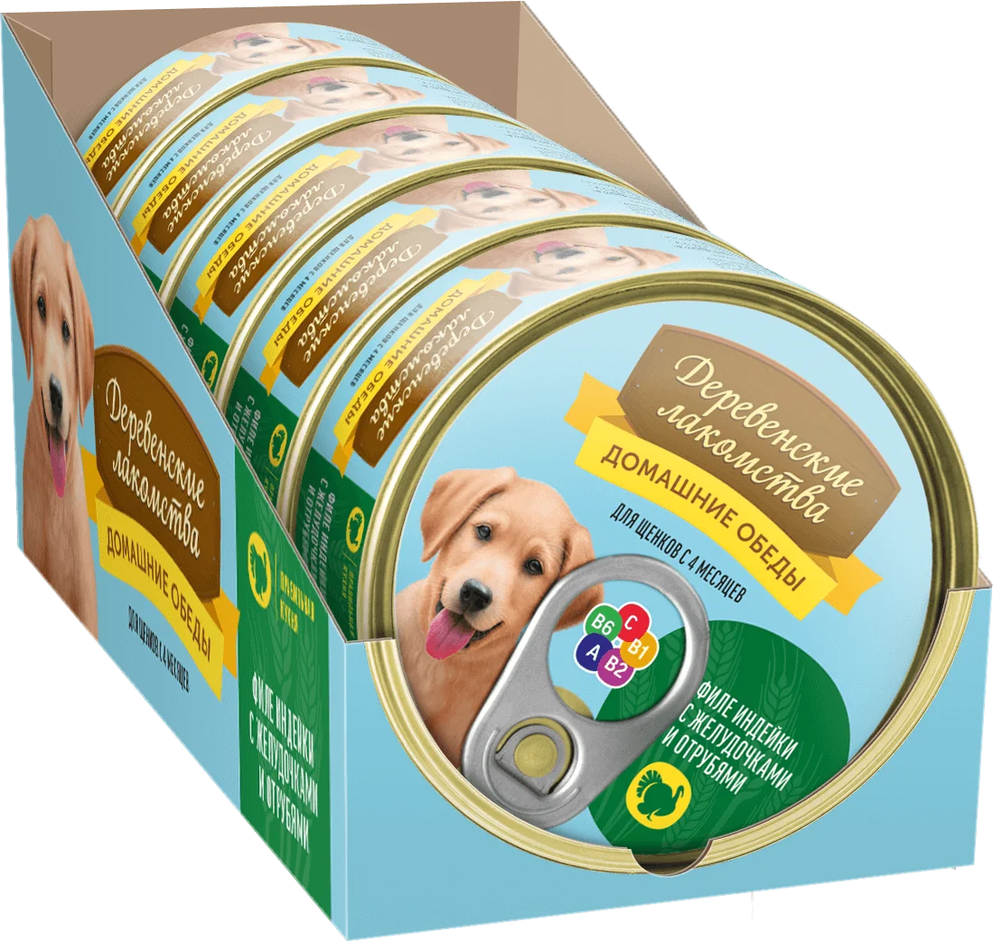 Деревенские лакомства консервы для щенков сочный цыпленок с языком и шпинатом 100гр- 5шт 14607076135532