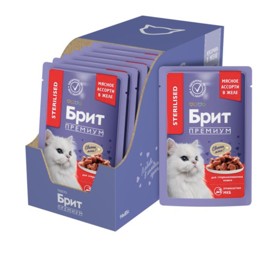 Brit Premium паучи для взрослых стерилизованных кошек с мясным ассорти и потрошками кусочки в желе - 85 г х 14 шт