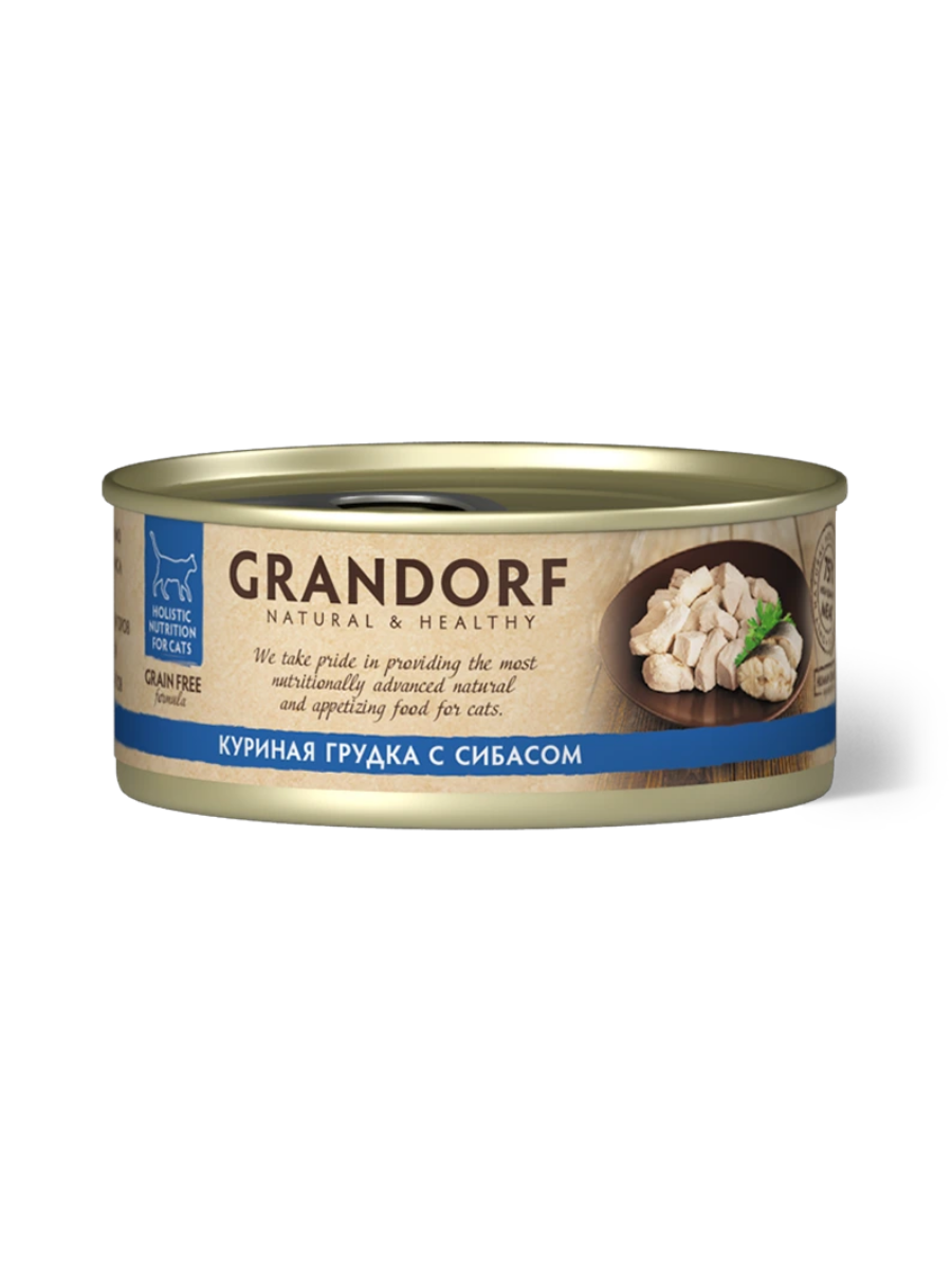Grandorf Влажный корм для кошек всех возрастов, куриная грудка с сибасом, 70гр - 1шт 5404009512543