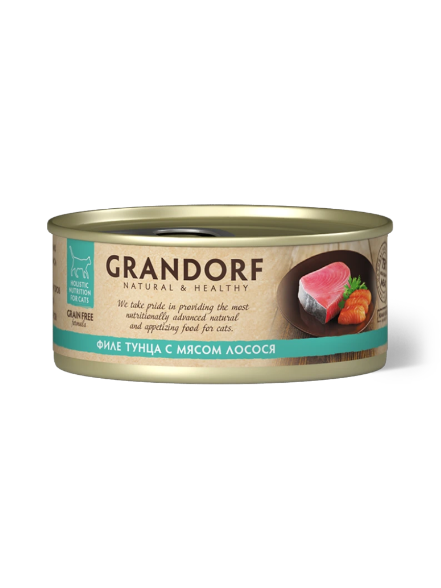 Grandorf Влажный корм для кошек всех возрастов, филе тунца с мясом лосося, 70гр - 1шт 5404009512611