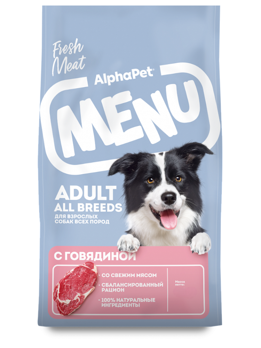 AlphaPet MENU Сухой корм с говядиной для собак всех пород 2 кг