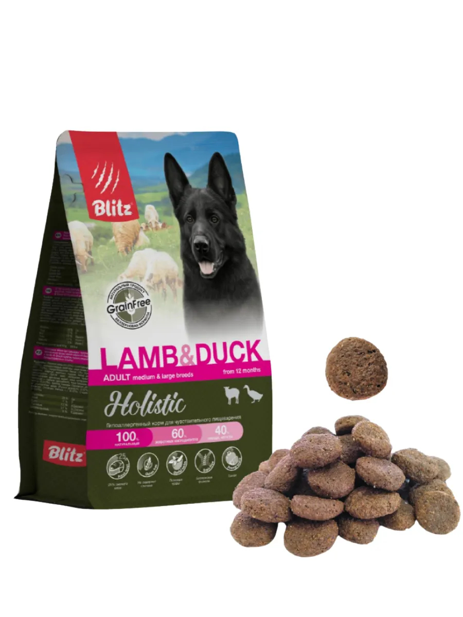 BLITZ Holistic Сухой корм для собак средних и крупных пород с ягненком и уткой 12кг