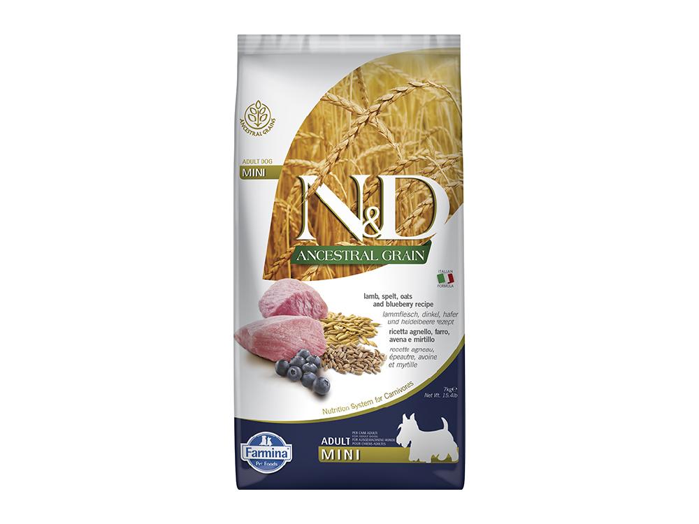 FARMINA N&D Ancestral grain Сухой корм для взрослых собак мелких пород, ягненок с черникой, пшеницей и овсом,  7 кг