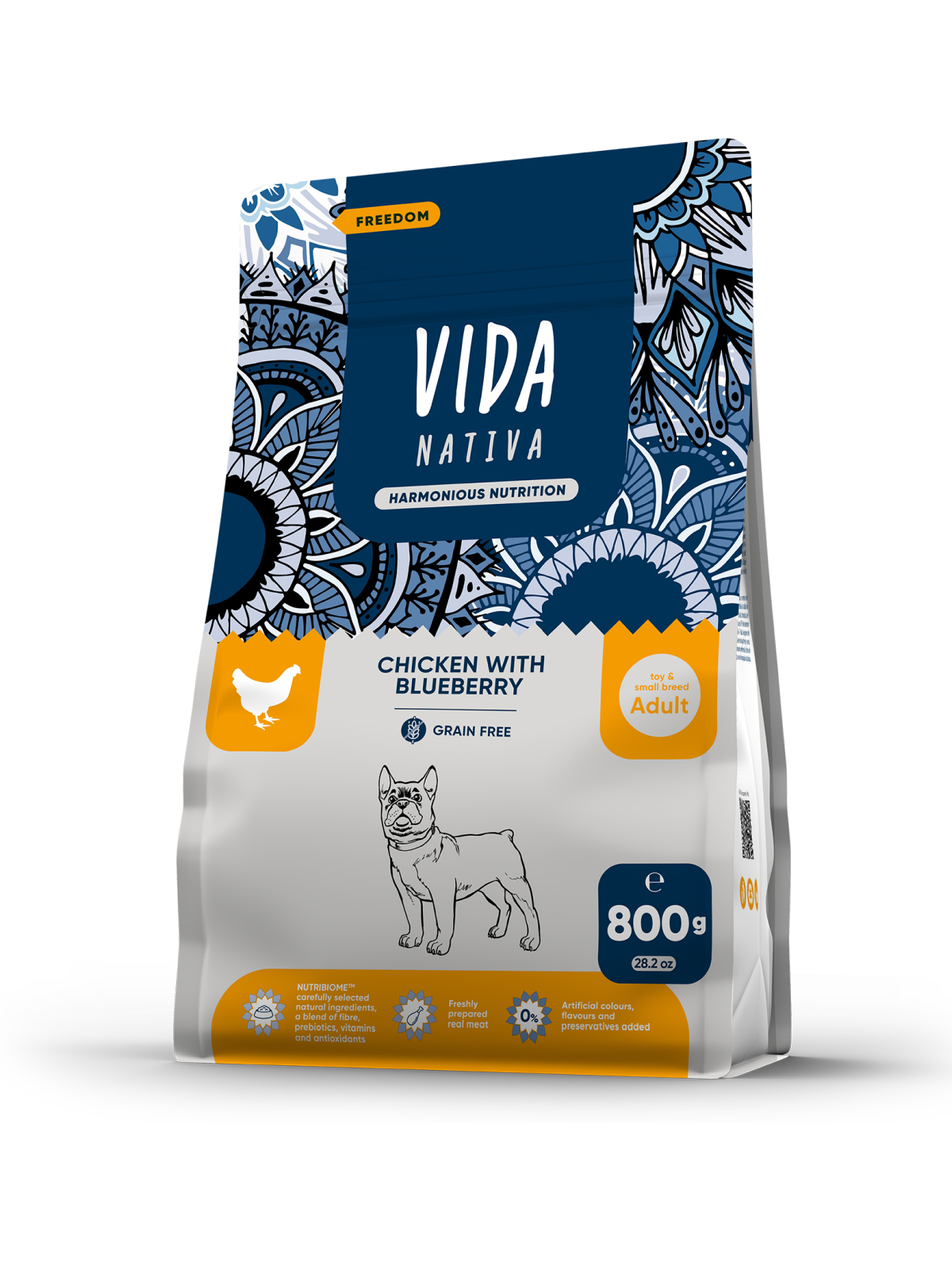 Сухой корм VIDA NATIVA для взрослых собак миниатюрных и мелких пород из курицы с черникой 800 г