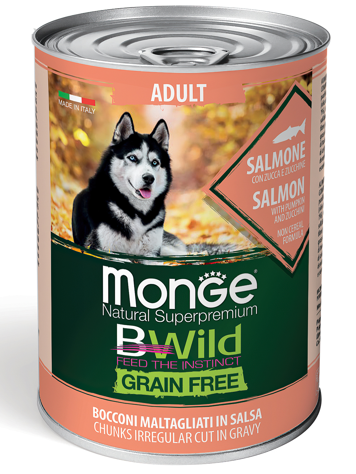 Влажный корм Monge Dog BWild GRAIN FREE для взрослых собак, беззерновой, из лосося с тыквой и кабачками, консервы 400 г