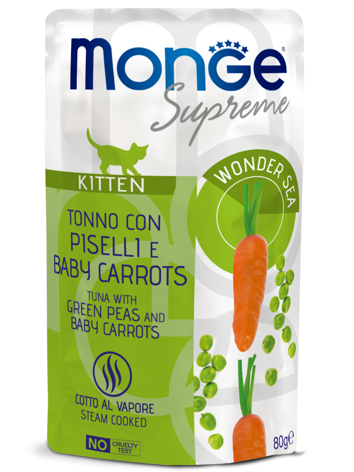 Влажный корм Monge Supreme kitten для котят из тунца с зелёным горошком и мини-морковью, паучи 80 г