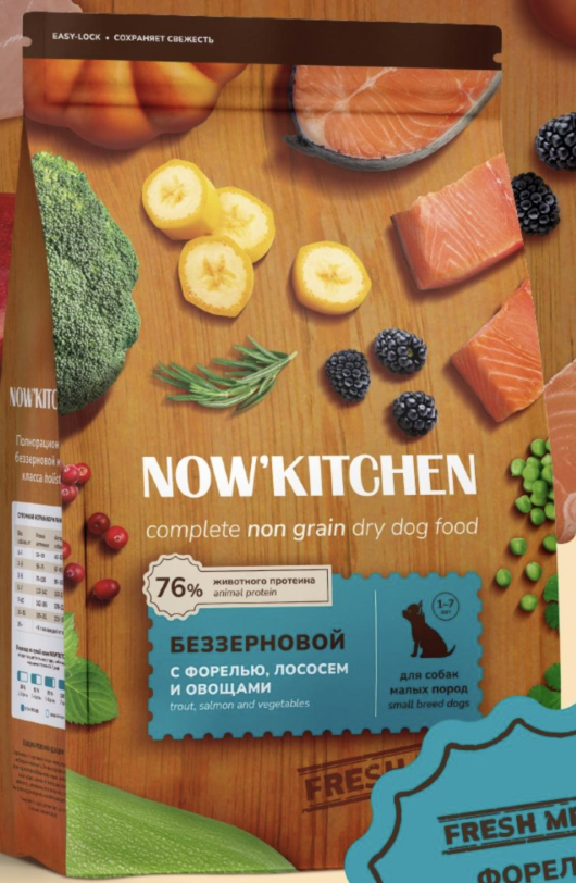 NOW'KITCHEN Сухой корм для мелких собак с форелью и лососем 0,4 кг 4670236590864