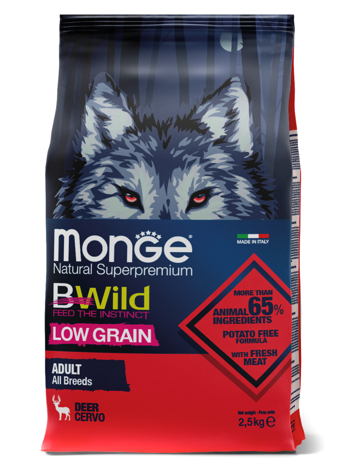 Сухой корм Monge Dog BWild LOW GRAIN для взрослых собак, низкозерновой, из мяса оленя 2,5 кг