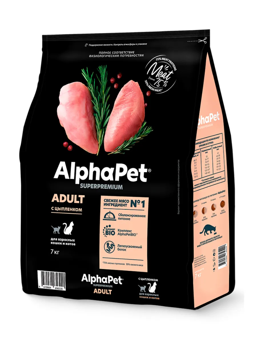 AlphaPet сухой корм для кошек и котов с цыпленком 7 кг
