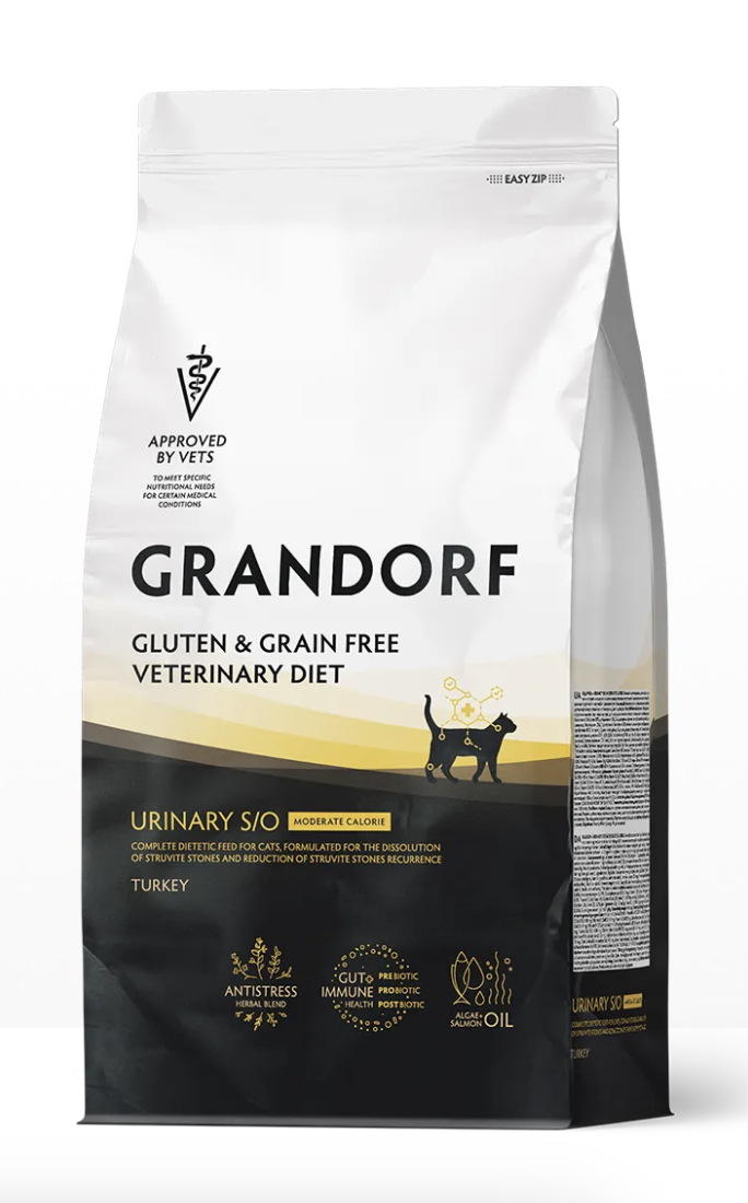 Полнорационный диетический корм для кошек склонных к набору веса, при мочекаменной болезни (GRANDORF VETERINARY DIET Cat URINARY S/O MODERATE CALORIE) 0,4 кг