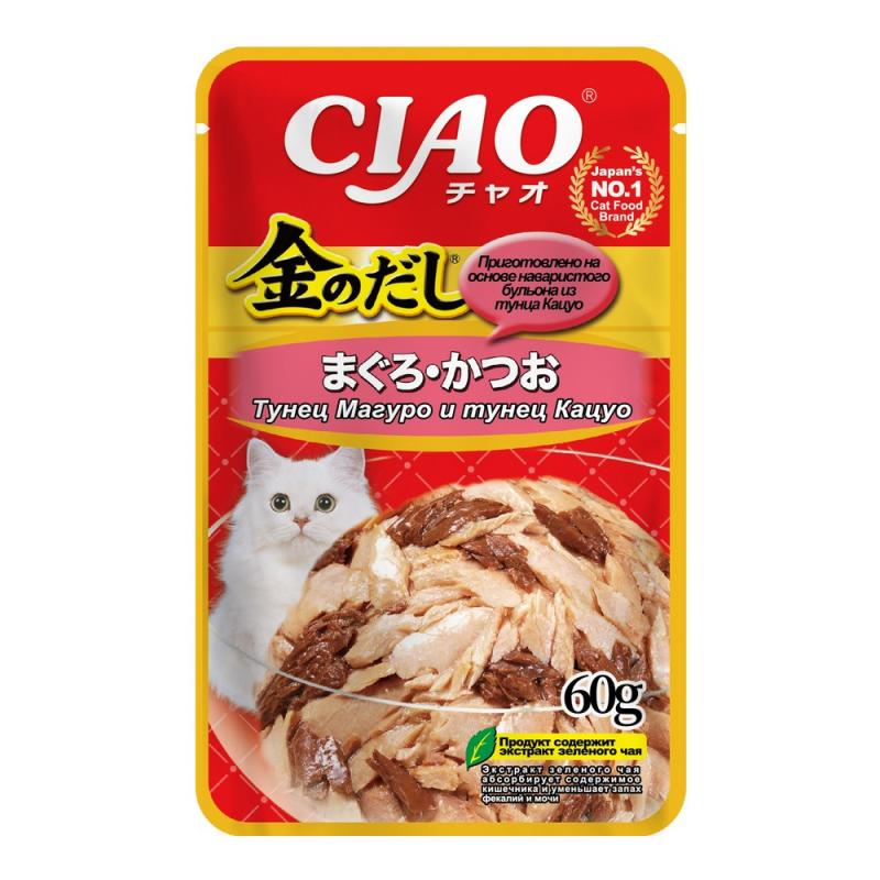 INABA CIAO Kin no dashi Влажный корм для кошек, тунец Магуро и тунец Кацуо, 60 г
