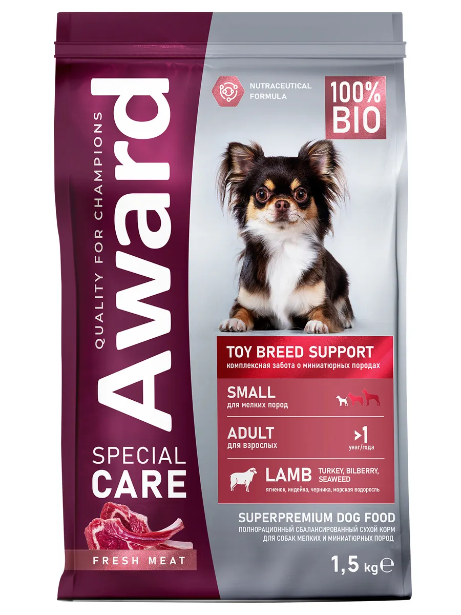 Сухой корм AWARD SPECIAL CARE Toy Breed Support для взрослых собак мелких и миниатюрных пород со свежим мясом ягненка 1,5кг
