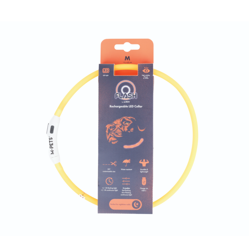 M-PETS Светящийся ошейник FLASH LED, размер M (1.5 x 65 см), цвет оранжевый