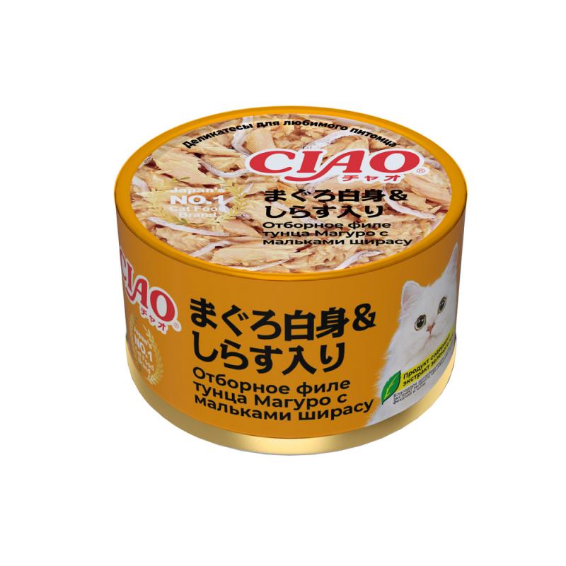 INABA CIAO can Влажный корм для кошек, тунец Магурo с мальками ширасу, 85г 4901133947568