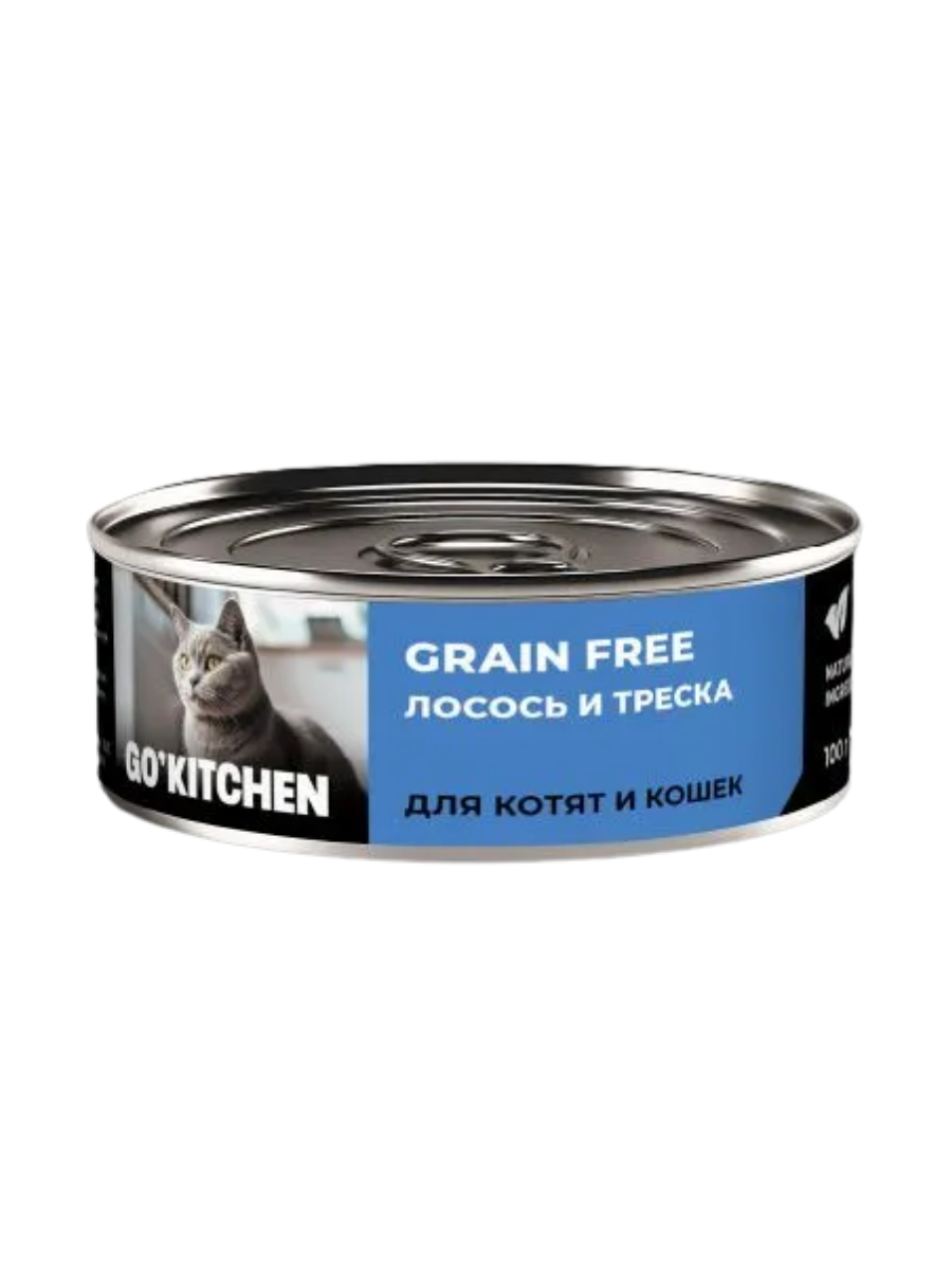 GO'KITCHEN Влажный беззерновой корм для котят и кошек, лосось и треска, 100гр - 1шт 4640201679610