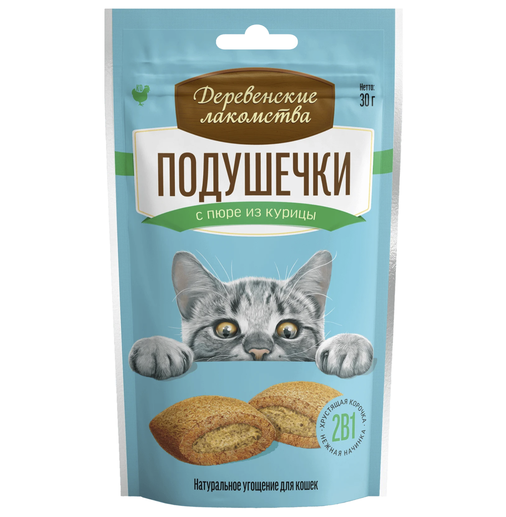 Деревенские лакомства Подушечки для кошек с пюре из курицы, 30г 6921959207774