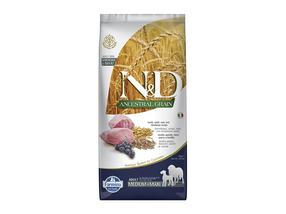 Сухой корм для взрослых собак средних и крупных пород Farmina N&D Ancestral grain, низкозерновой, ягненок с черникой, пшеницей и овсом., холистик, 12 кг
