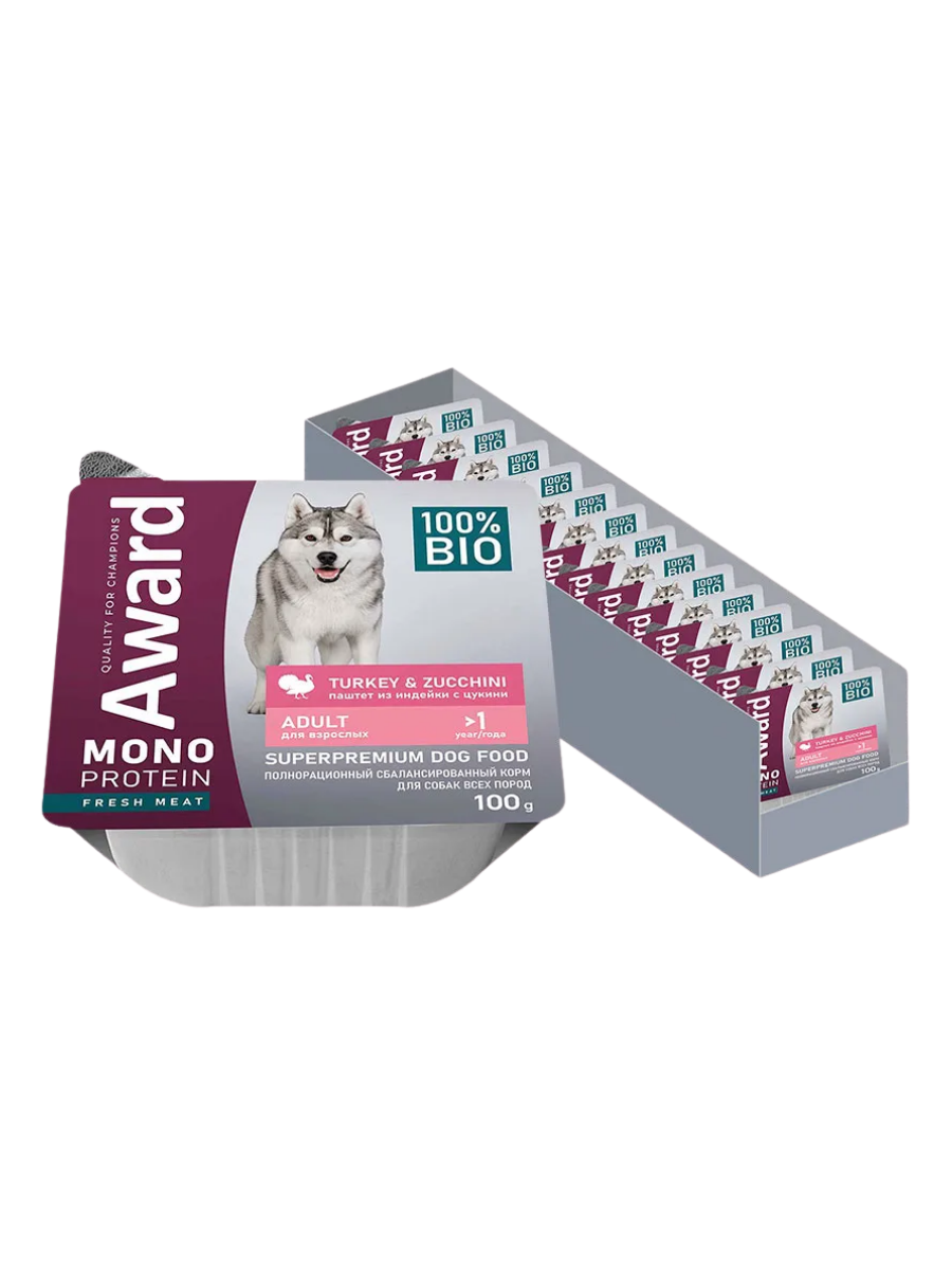 AWARD Влажный корм для собак паштет из индейки с цукини 100г-14шт