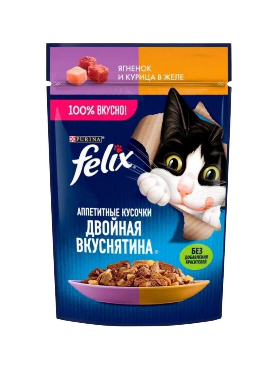FELIX Влажный корм в желе для кошек, ягненок и курица,  75гр