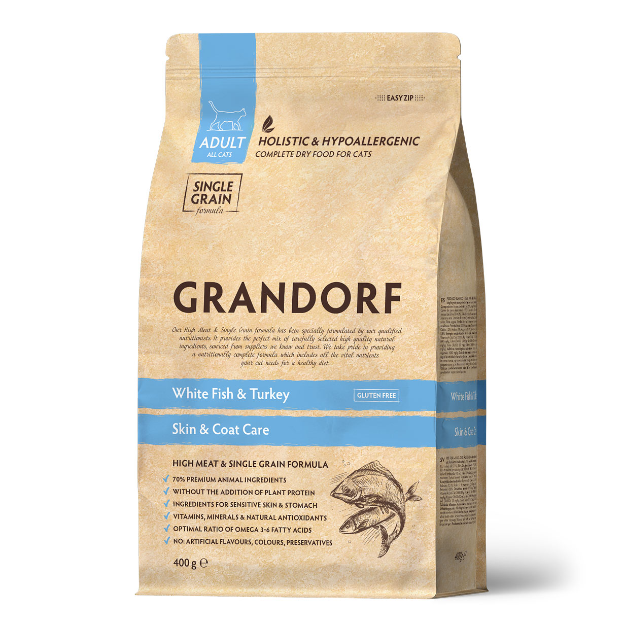 Grandorf Сухой корм SKIN&CARE для кошек с белой рыбой 400 грамм 5407007851256