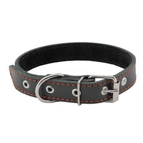HOMEPET 20 мм 32-42 см ошейник для собак кожаный простой двойной простроченный двухслойный черный