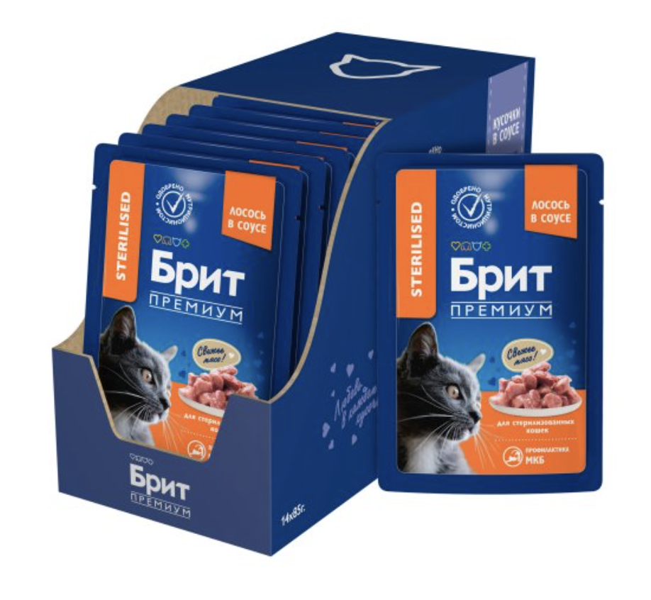 Brit Premium паучи для взрослых стерилизованных кошек с лососем кусочки в соусе - 85 г х 14 шт