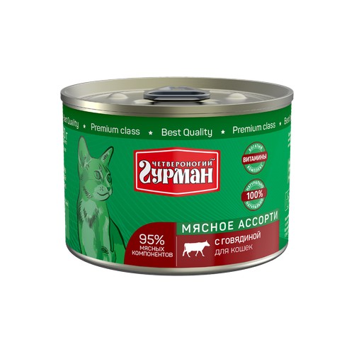 Четвероногий гурман Мясное ассорти консервы для кошек с говядиной 190 г