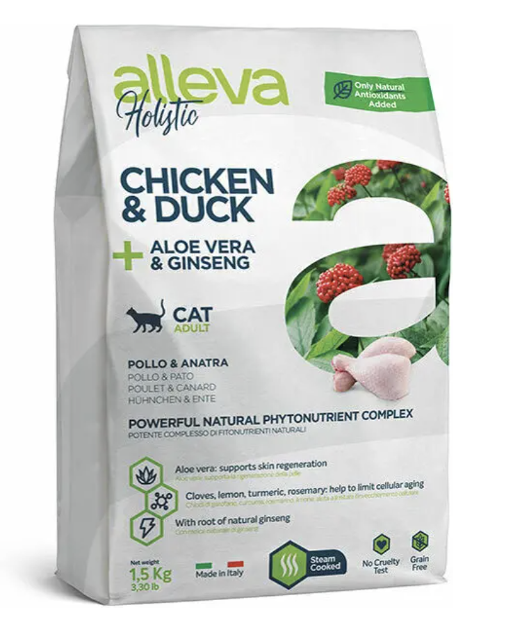 Alleva Holistic Корм для взрослых кошек Аллева Холистик с курицей и уткой, алое вера и женьшенем 10 кг 8002754101684