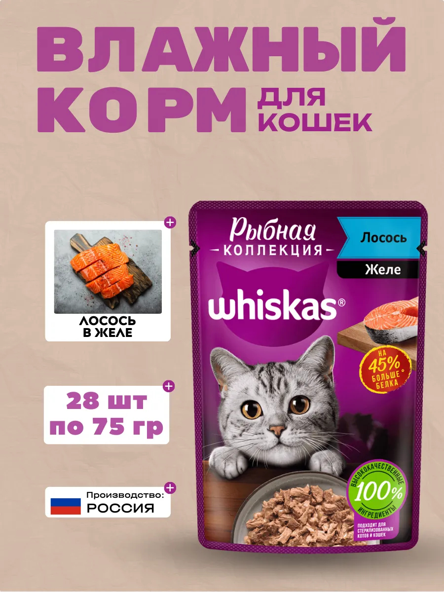 WHISKAS Влажный корм для кошек Рыбная Коллекция с Лососем 28шт-75гр