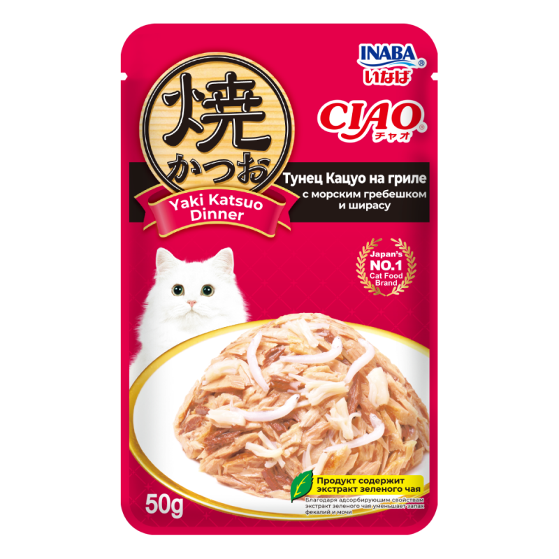 INABA CIAO Yaki Katsuo Dinner  Влажный корм для кошек, тунец Кацуо на гриле с морским гребешком и ширасу, 50г