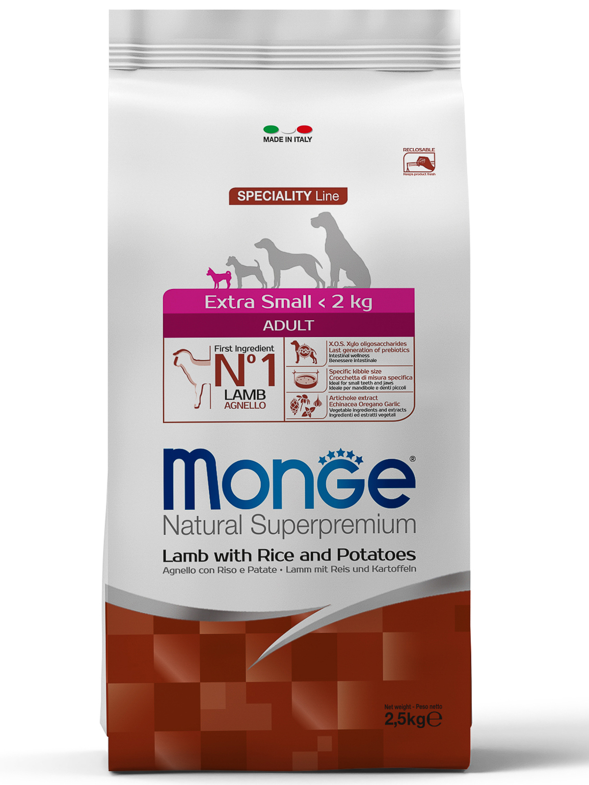 Сухой корм Monge Dog Speciality Line Extra Small для взрослых собак миниатюрных пород, из ягненка с рисом и картофелем 2,5 кг