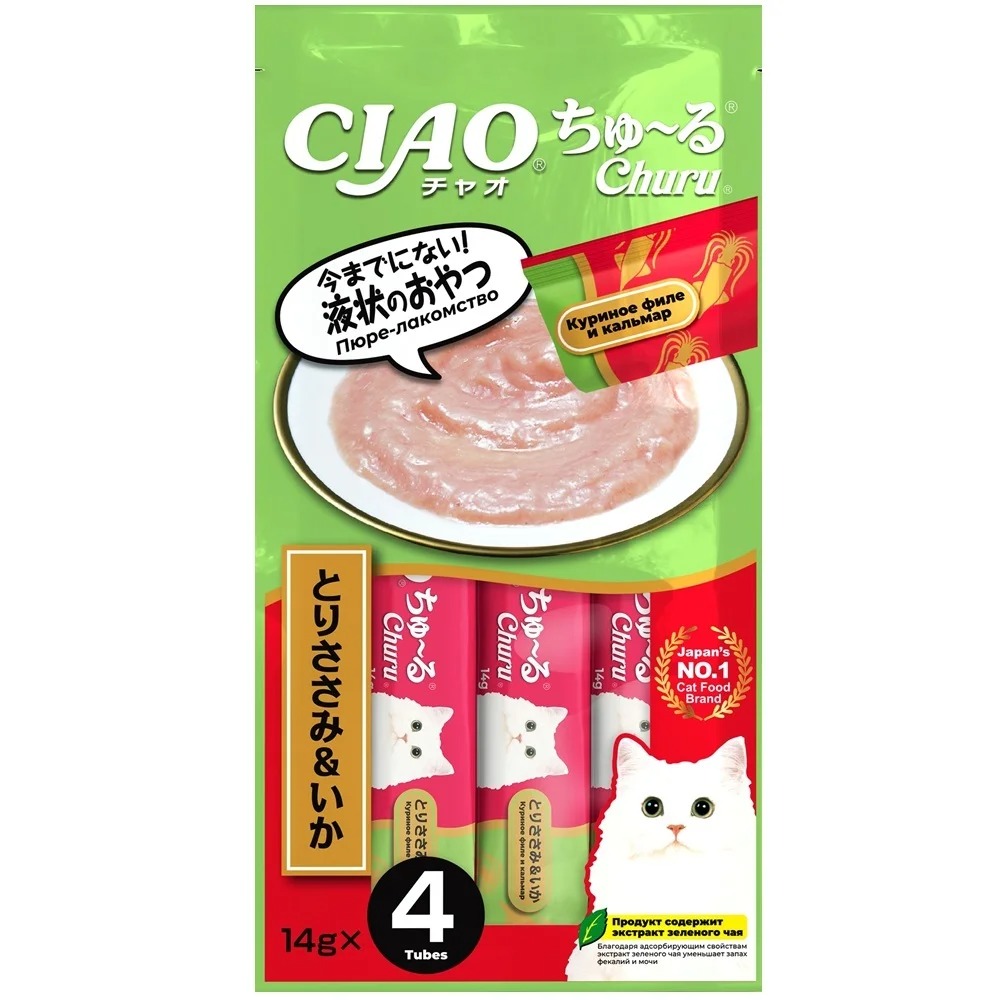 INABA CIAO Churu Крем-Лакомство  пюре для кошек Куриное филе и кальмар, 14 г х 4 шт. 4901133947292