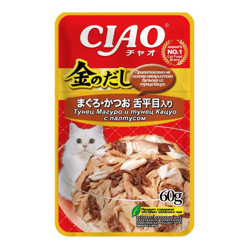 INABA CIAO Kin no dashi Влажный корм для кошек, тунец Магуро и тунец Кацуо с палтусом, 60 г