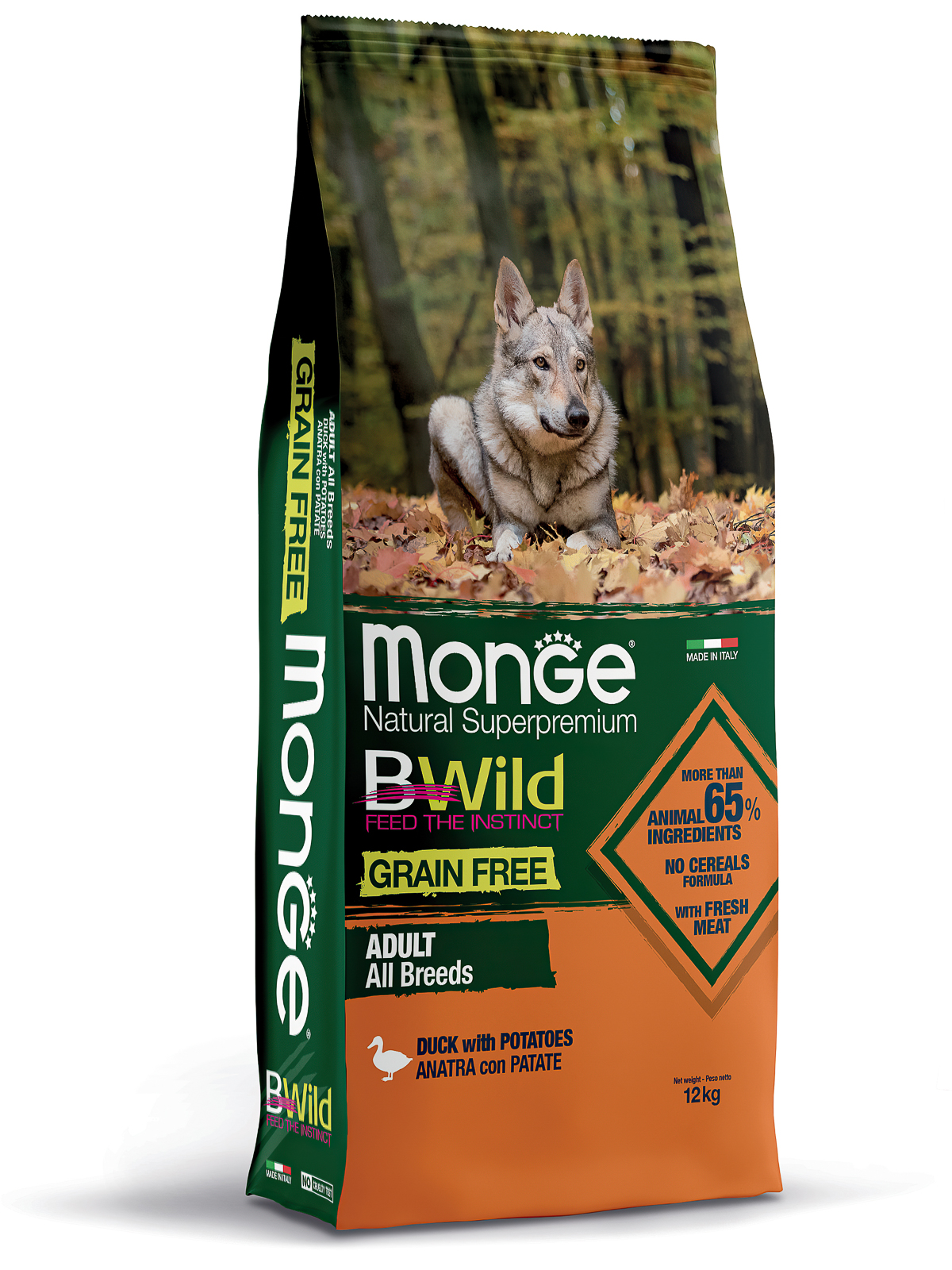 Сухой корм Monge Dog BWild GRAIN FREE для взрослых собак, беззерновой, утка с картофелем 12 кг
