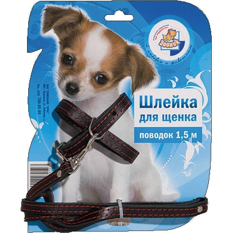 ЗООНИК Комплект поводок + шлейка для щенков, кожа на подкладке на блистере, 12 мм х 1,5м