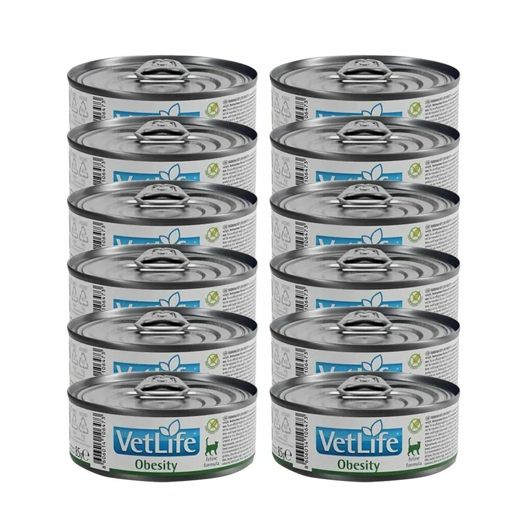 Влажный корм для кошек Farmina Vet life Obesity, для снижения веса, ветеринарная диета, лечебный, 85 гр - 12 шт