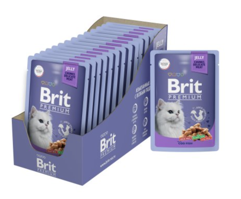 Brit Premium паучи для взрослых кошек с треской кусочки в желе - 85 г х 14 шт
