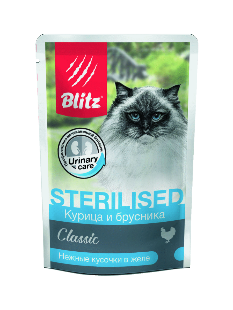 BLITZ Classic Кусочки в желе для стерилизованных кошек, курица и брусника, 1шт - 85гр 4627079681082