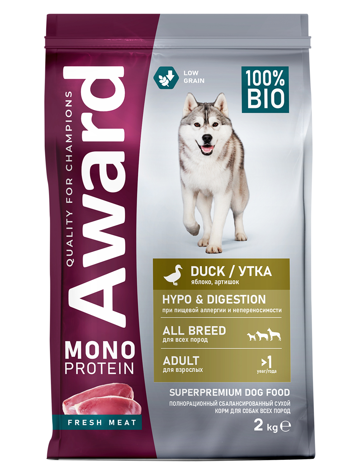 AWARD Сухой корм Monoprotein для взрослых собак всех пород из утки с добавлением яблок и артишока 2кг