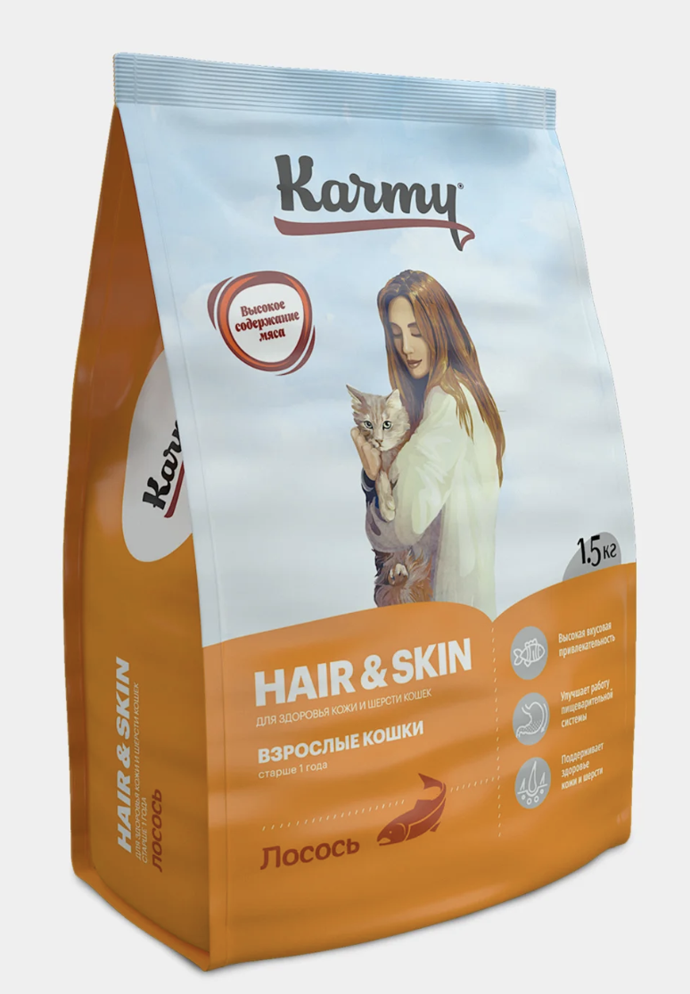 KARMY Сухой корм для кошек здоровье кожи и шерсти с лососем 1,5 кг