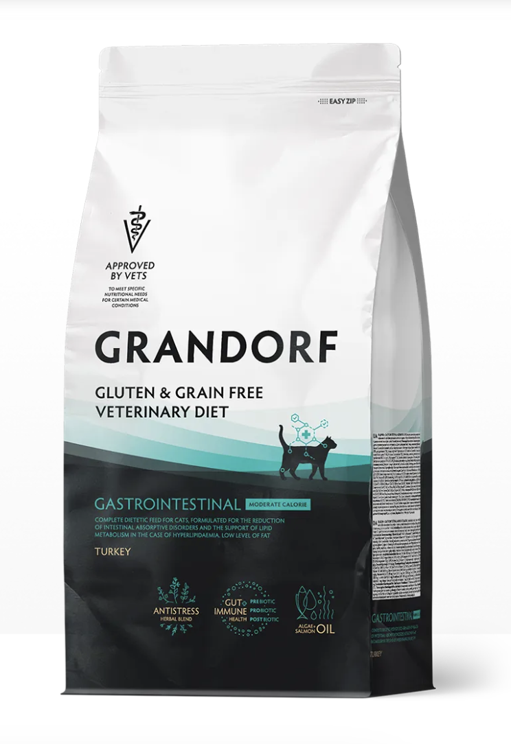 Полнорационный диетический корм для кошек склонных к набору веса, при расстройствах пищеварения (GRANDORF VETERINARY DIET Cat GASTROINTESTINAL MODERATE CALORIE) 0,4 кг