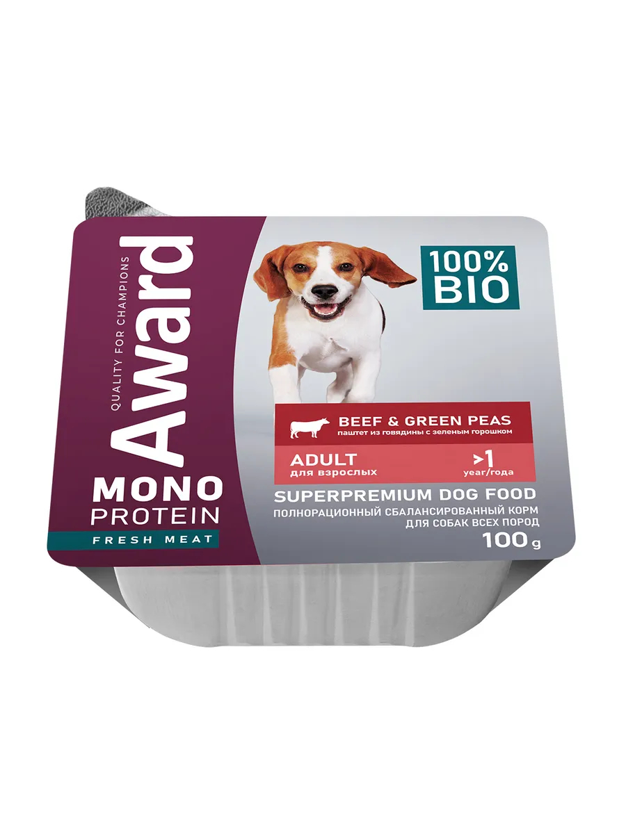 Влажный корм AWARD Monoprotein для взрослых собак паштет из говядины с зеленым горошком 100г