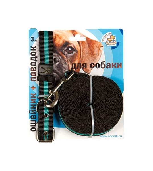 Зооник Комплект поводок 3м + ошейник 38-52см х 25мм на подкладке капроновая лента, на блистере