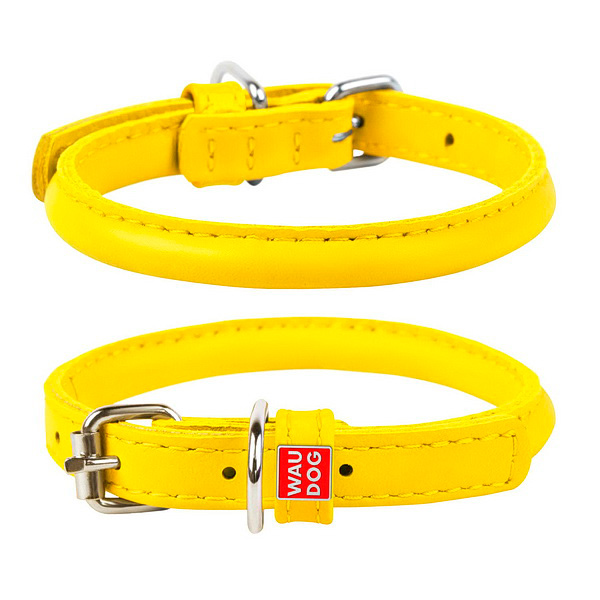Ошейник для собак WAUDOG Glamour, с QR-паспортом, кожаный, с узором "Звездочка", светящийся (XS, 15мм, 27-36см, желтый)